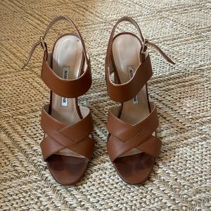 Manolo Blahnik brown leather heeled sandals, Size 37 1/2.